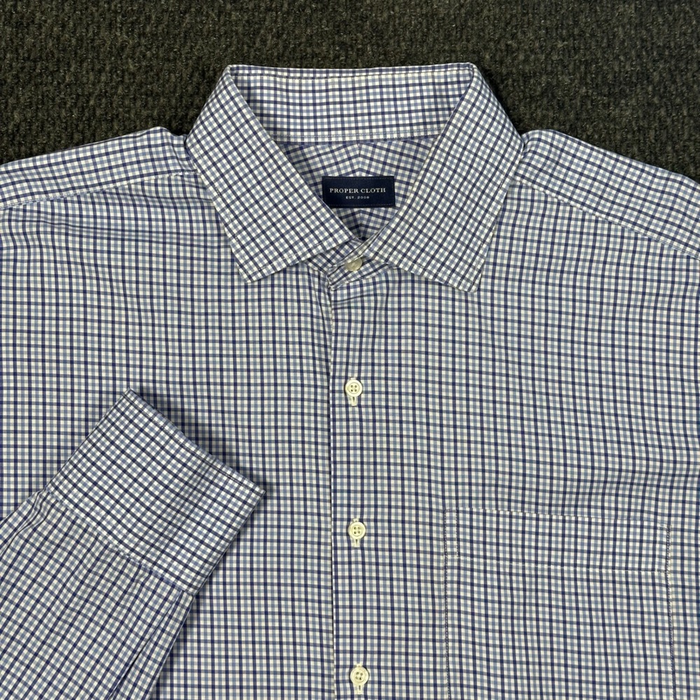 Proper Cloth Dress Shirt Mens 18 37 Blue Gingham Check Long Sleeve Cotton